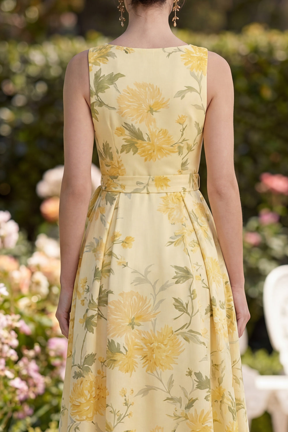 A Line Maxi Floral Butter Yellow V-Neck Formal Dress with Slit