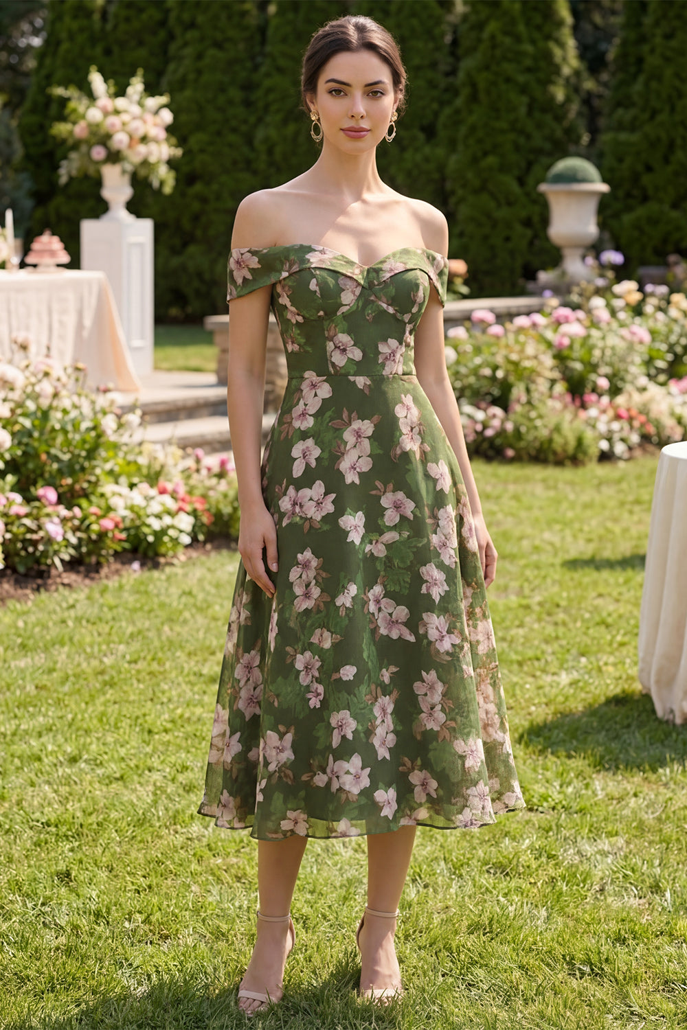 Off the Shoulder Floral Dark Green A Line Formal Guest Dress