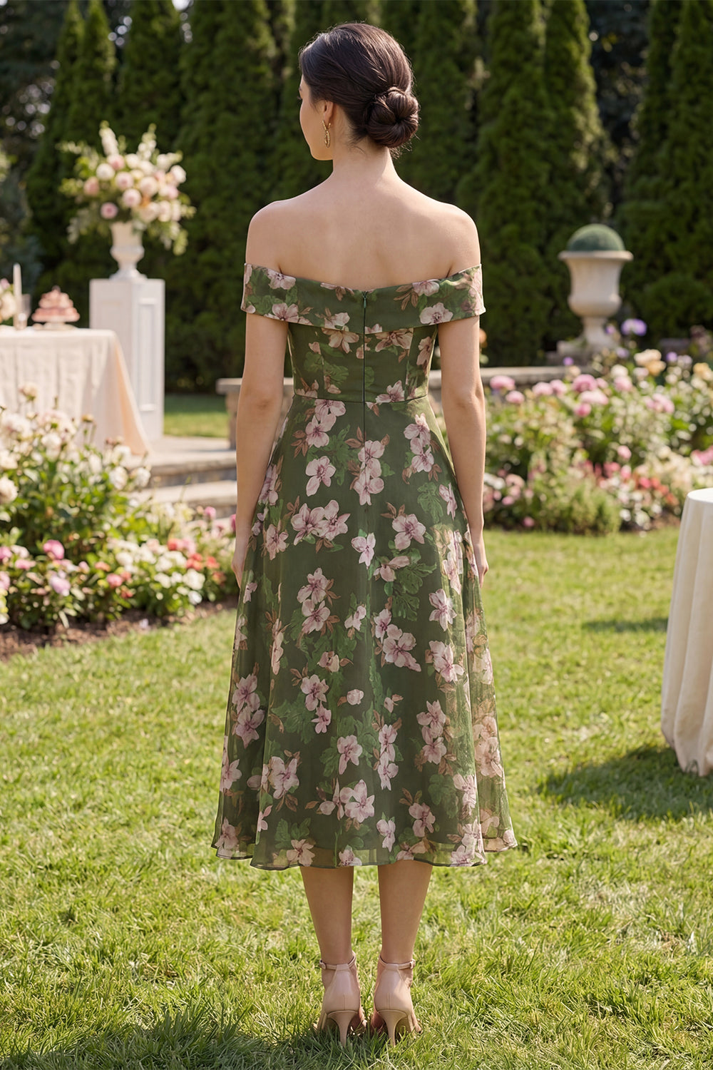 Off the Shoulder Floral Dark Green A Line Formal Guest Dress