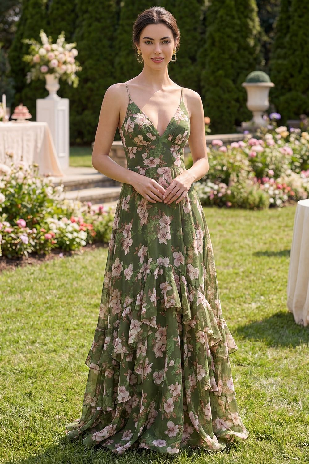 Spaghetti Straps Dark Green Floral A Line Long Formal Dress with Ruffles