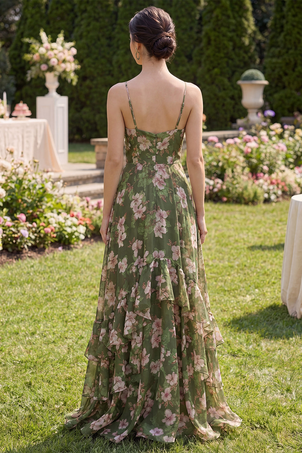 Spaghetti Straps Dark Green Floral A Line Long Formal Dress with Ruffles