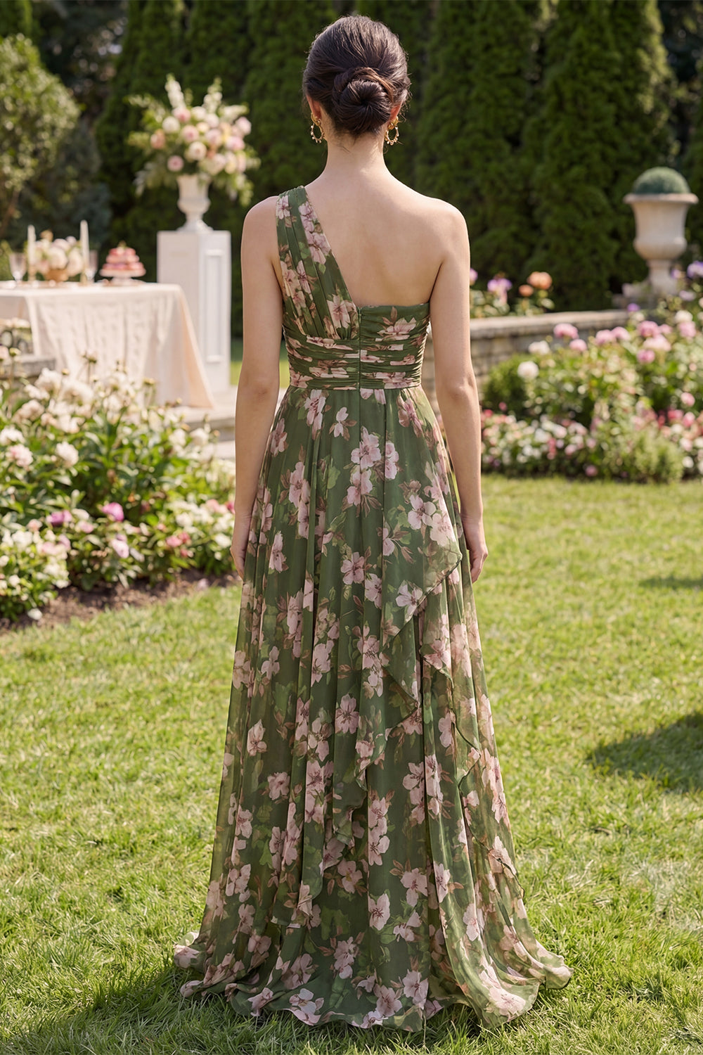 Ruffled Dark Green Floral Ruched A Line Long Formal Dress with Slit