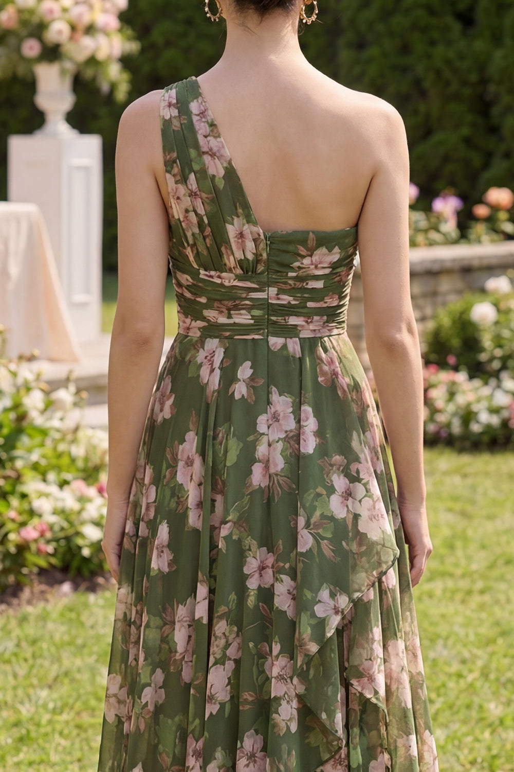 Ruffled Dark Green Floral Ruched A Line Long Formal Dress with Slit