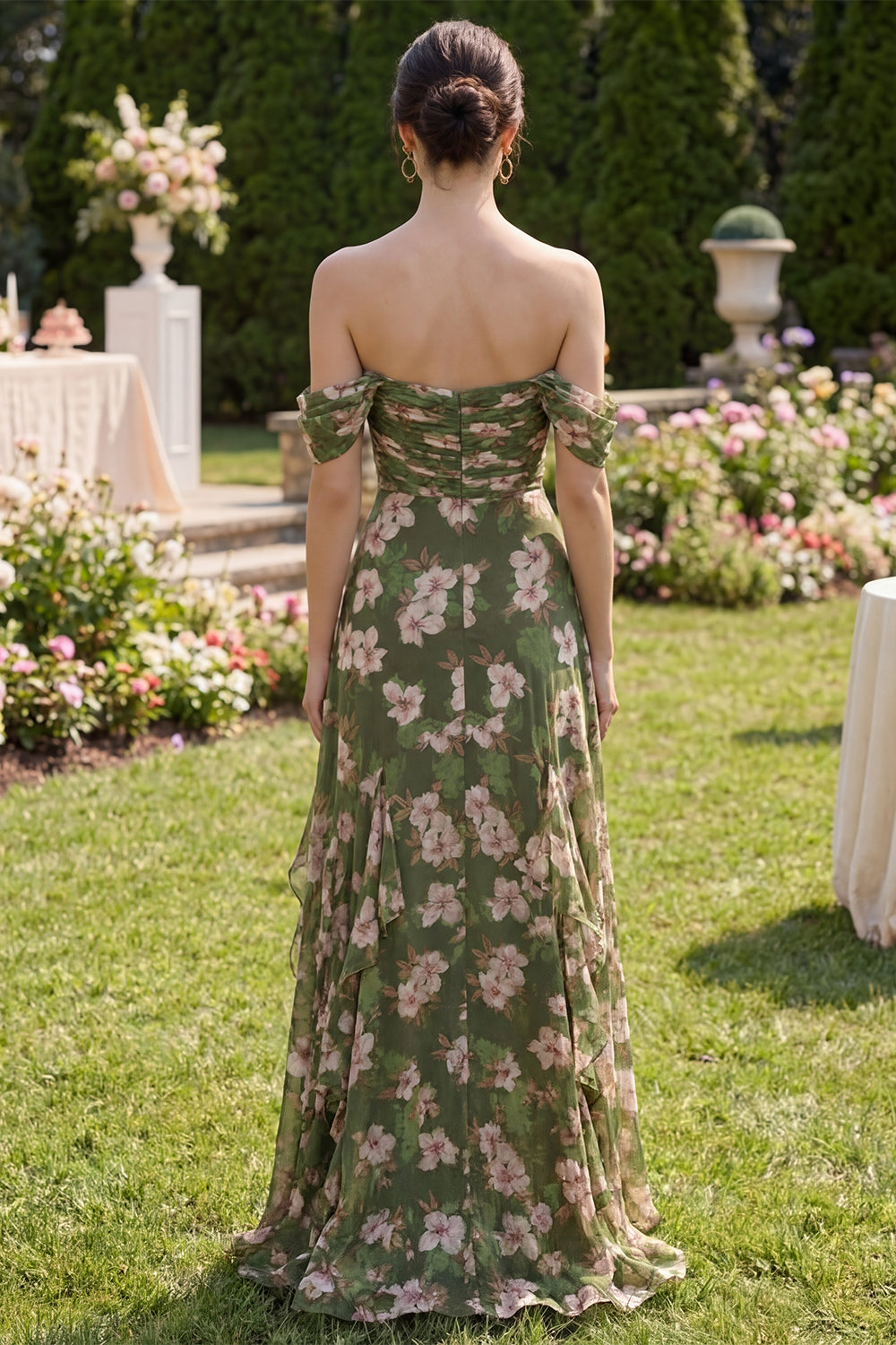 Long Dark Green Floral Ruched A Line Formal Dress with Ruffles