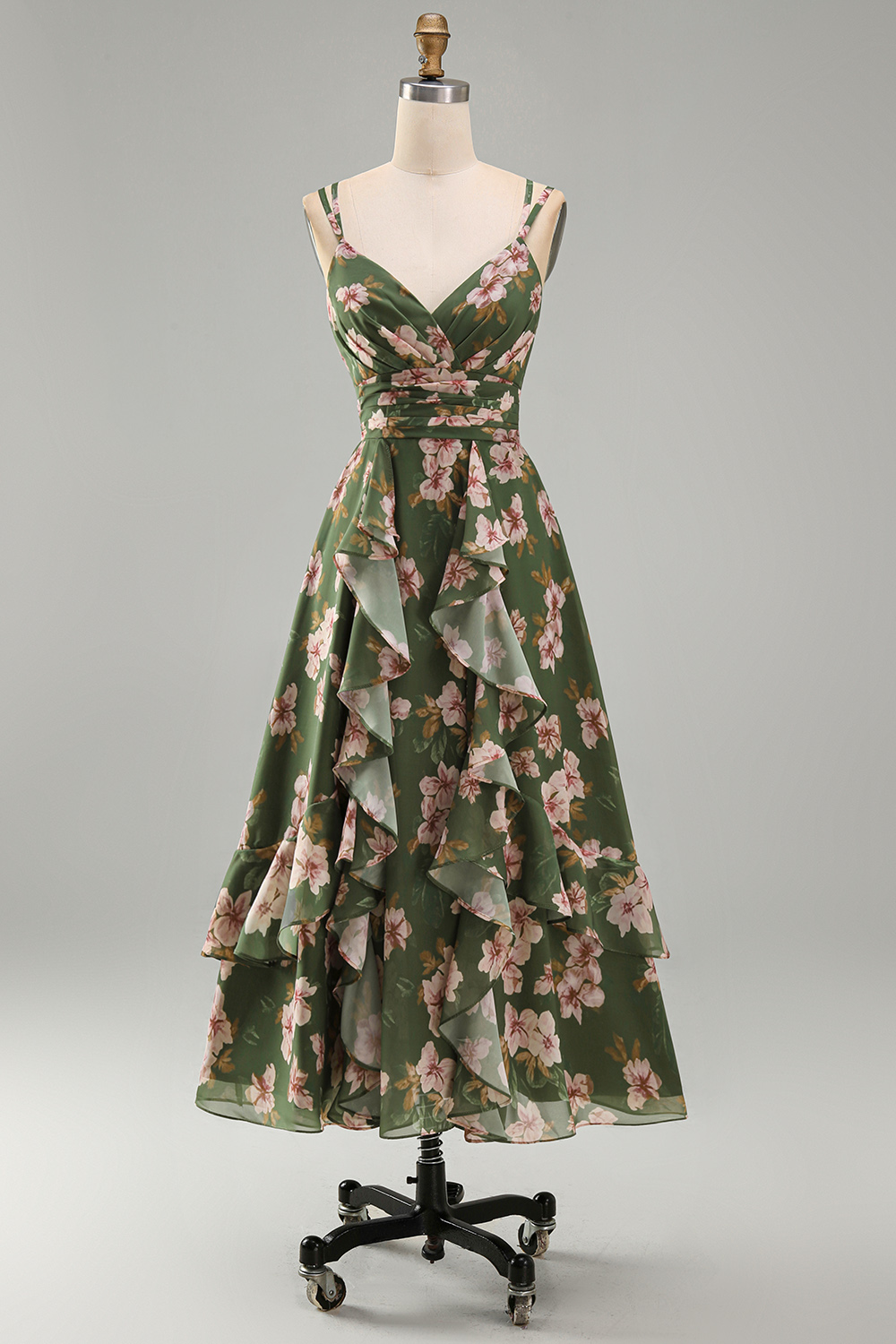 V-Neck Dark Green Floral A Line Ruched Formal Dress with Ruffles