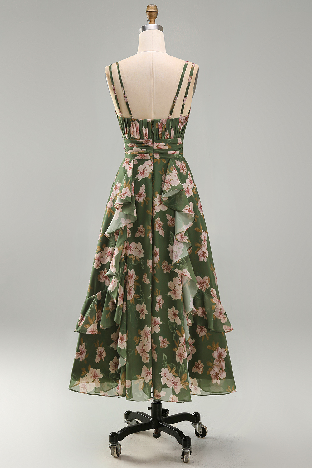 V-Neck Dark Green Floral A Line Ruched Formal Dress with Ruffles