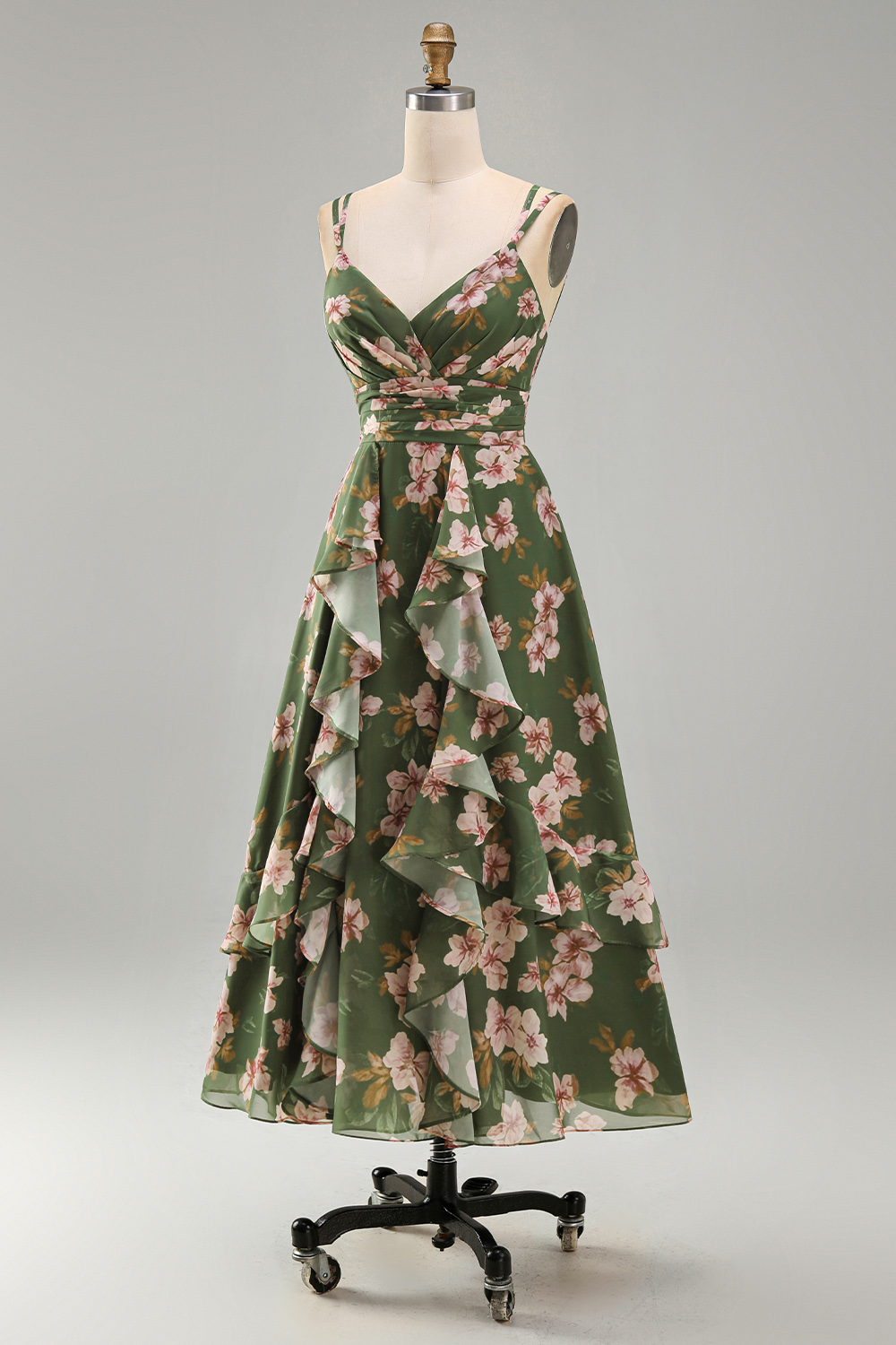 V-Neck Dark Green Floral A Line Ruched Formal Dress with Ruffles