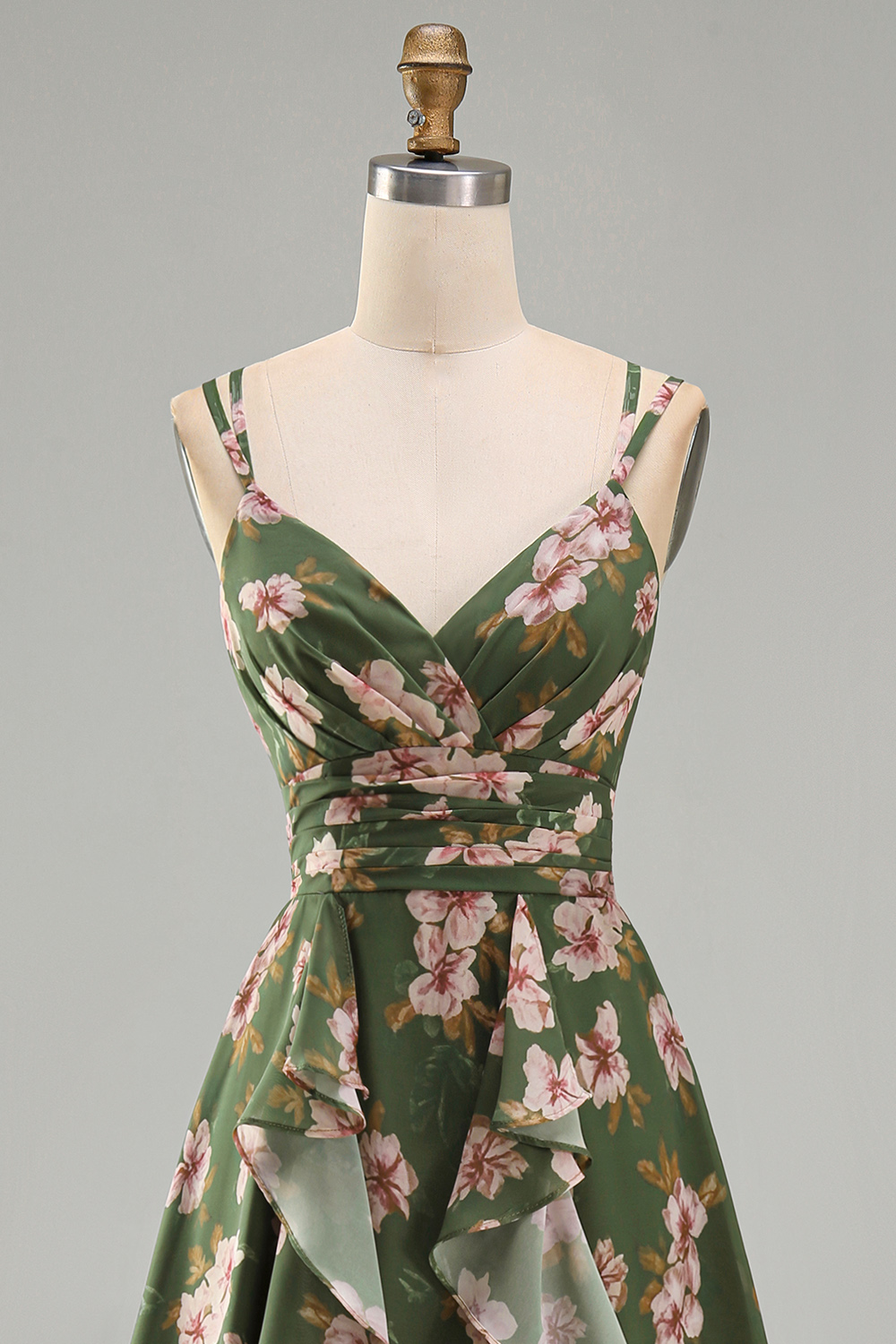 V-Neck Dark Green Floral A Line Ruched Formal Dress with Ruffles