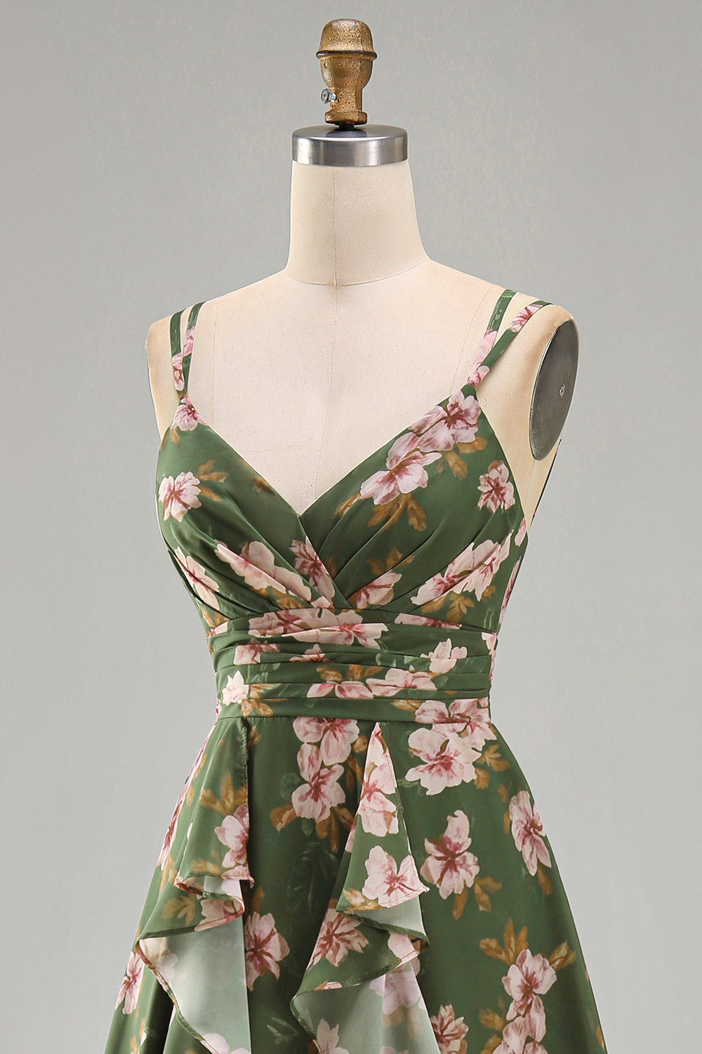 V-Neck Dark Green Floral A Line Ruched Formal Dress with Ruffles