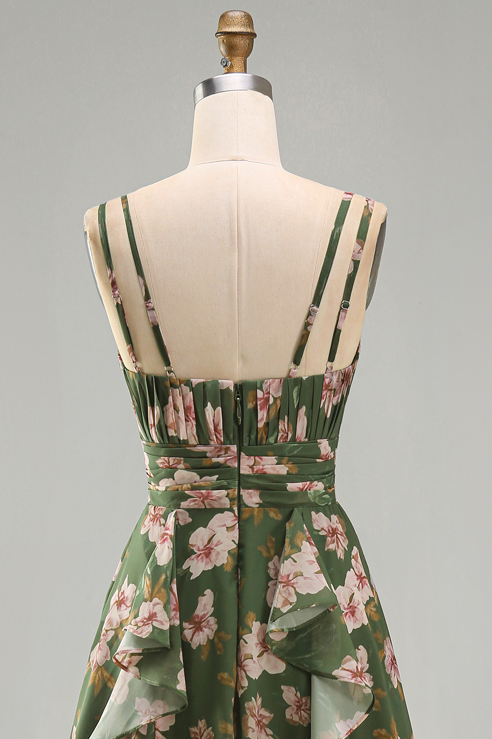 V-Neck Dark Green Floral A Line Ruched Formal Dress with Ruffles