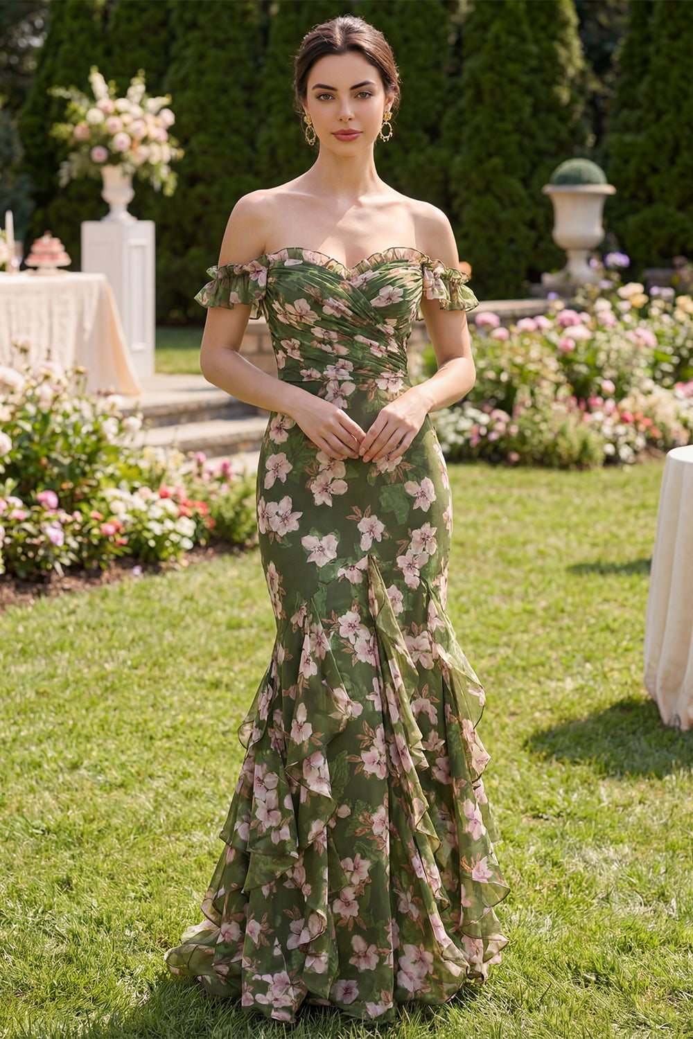 Mermaid Dark Green Floral Long Formal Dress with Ruffles