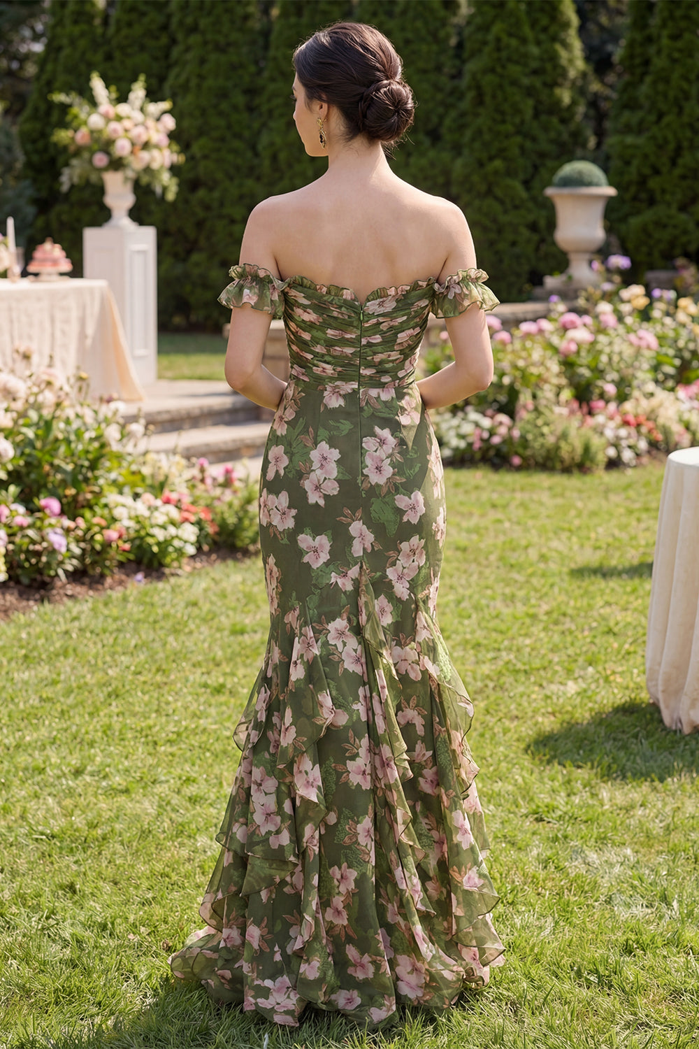 Mermaid Dark Green Floral Long Formal Dress with Ruffles