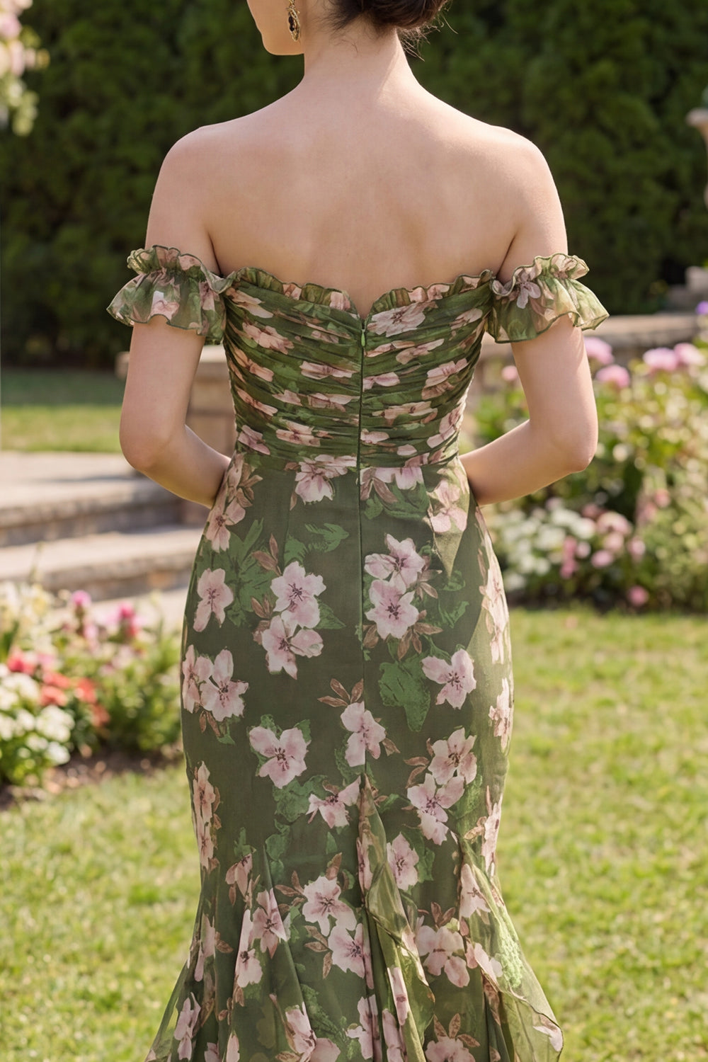 Mermaid Dark Green Floral Long Formal Dress with Ruffles