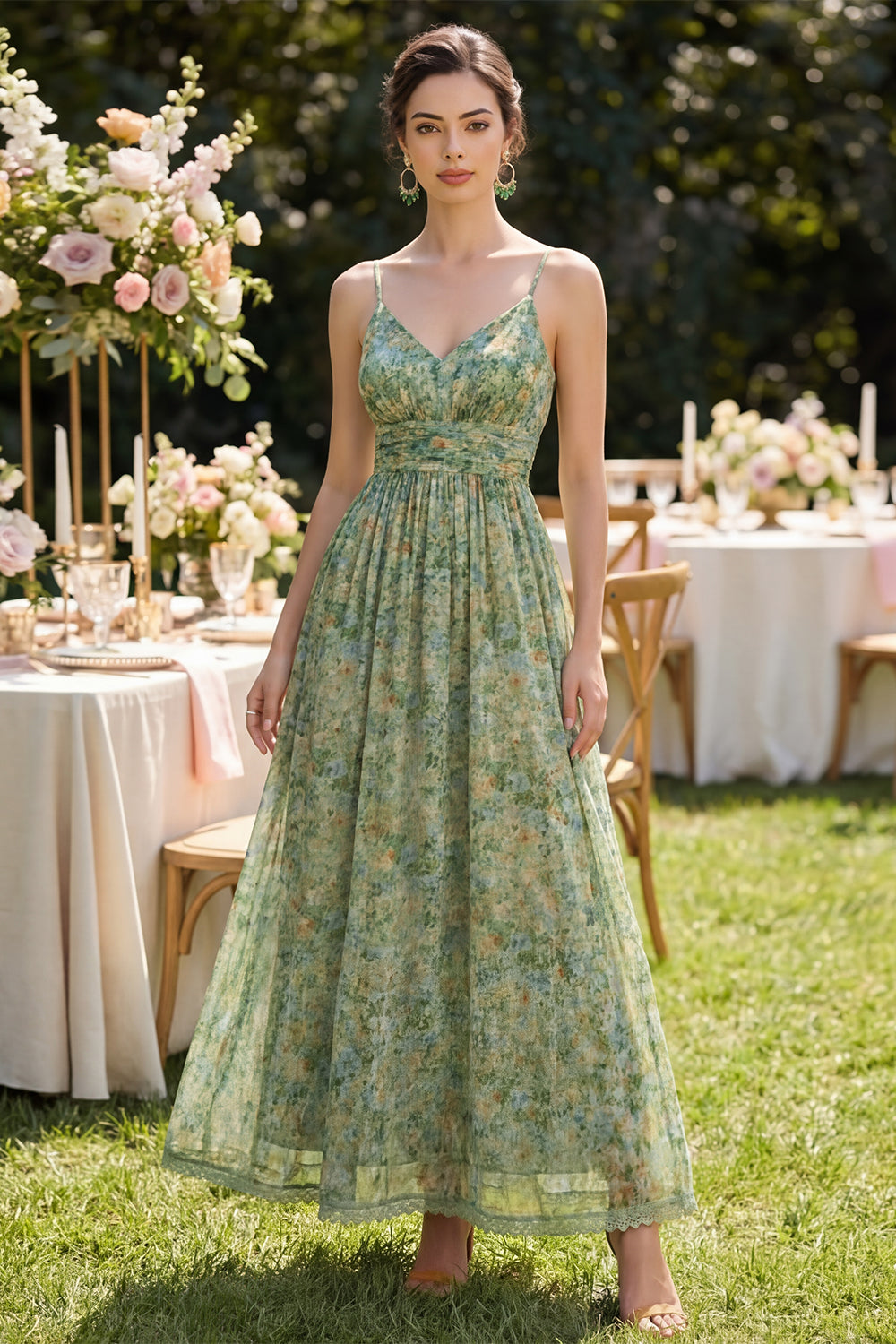 Dusty Green Spaghetti Straps Ruched Floral A Line Formal Guest Dress