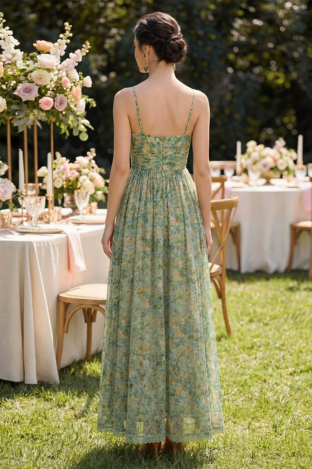 Dusty Green Spaghetti Straps Ruched Floral A Line Formal Guest Dress