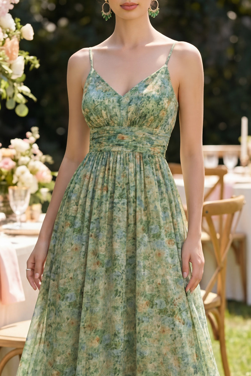 Dusty Green Spaghetti Straps Ruched Floral A Line Formal Guest Dress