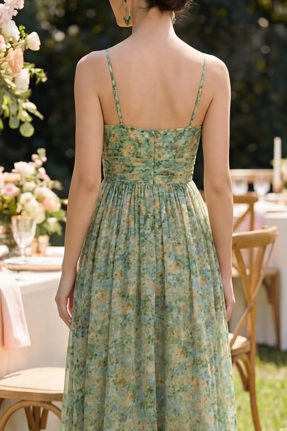 Dusty Green Spaghetti Straps Ruched Floral A Line Formal Guest Dress