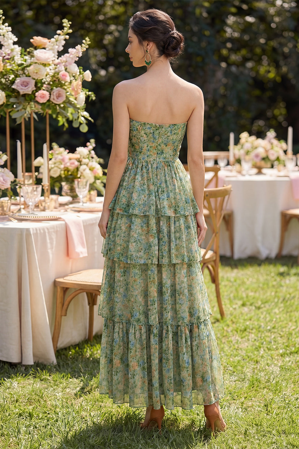 Corset Dusty Green Strapless Floral A Line Maxi Formal Dress with Ruffles