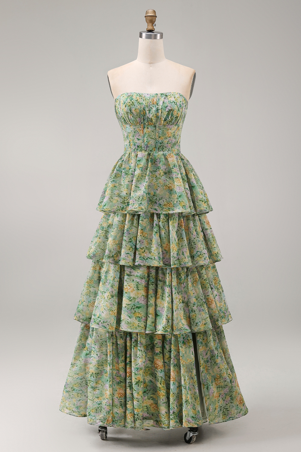 Corset Dusty Green Strapless Floral A Line Maxi Formal Dress with Ruffles