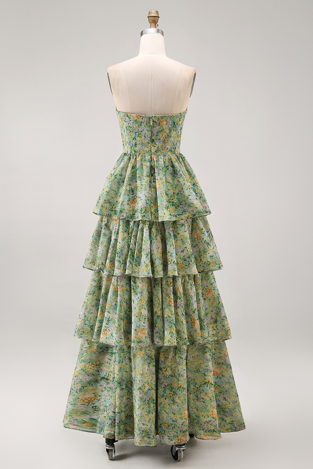Corset Dusty Green Strapless Floral A Line Maxi Formal Dress with Ruffles