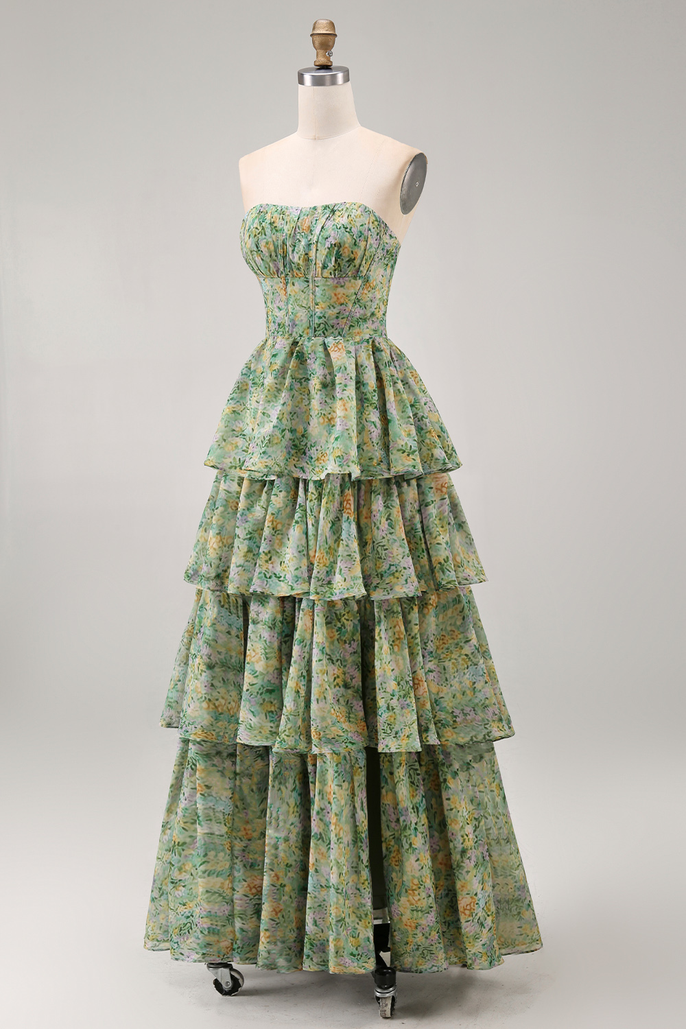 Corset Dusty Green Strapless Floral A Line Maxi Formal Dress with Ruffles