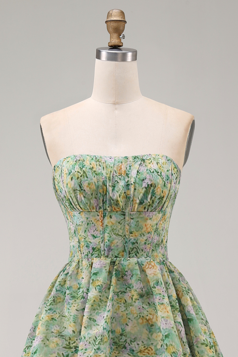 Corset Dusty Green Strapless Floral A Line Maxi Formal Dress with Ruffles