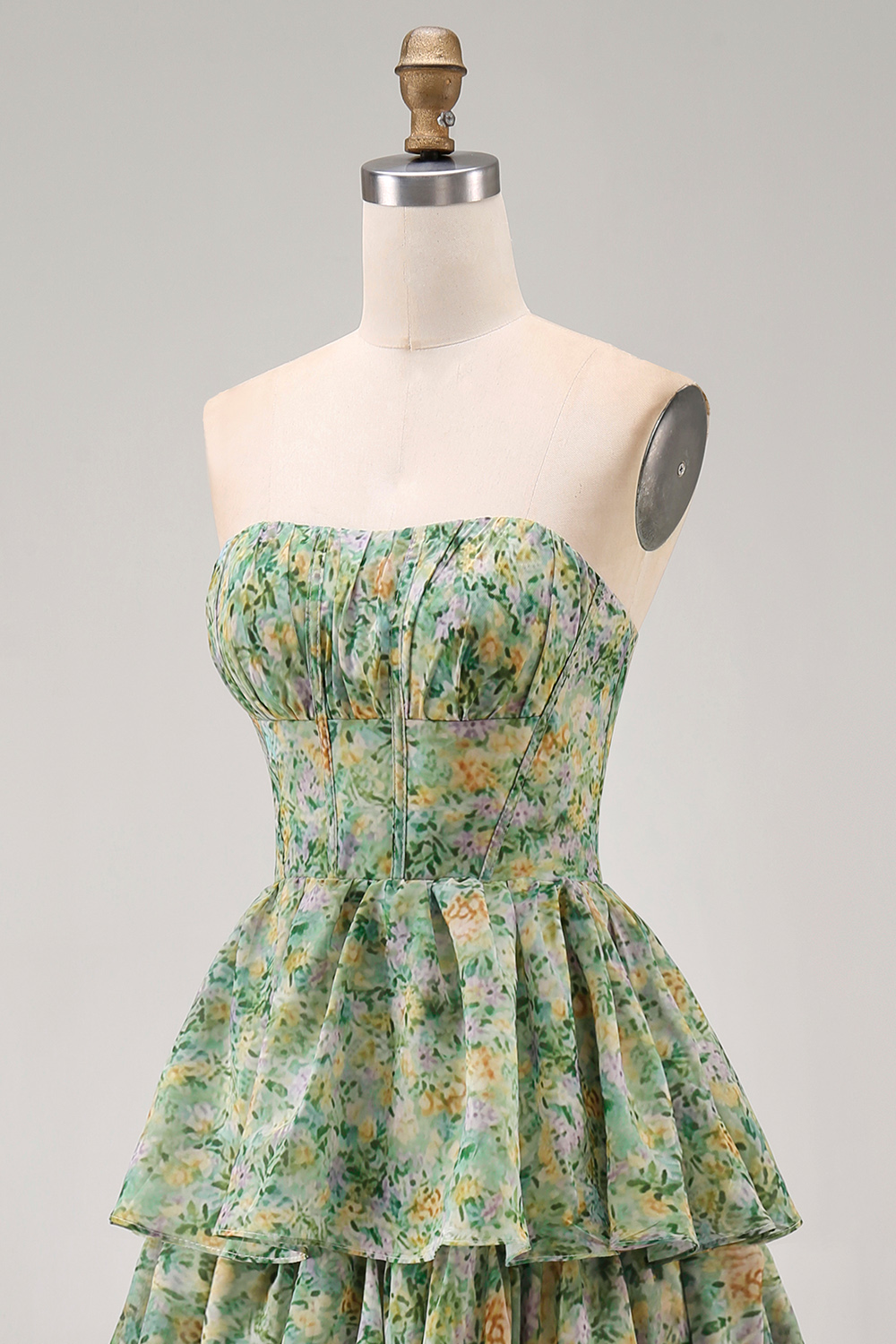 Corset Dusty Green Strapless Floral A Line Maxi Formal Dress with Ruffles