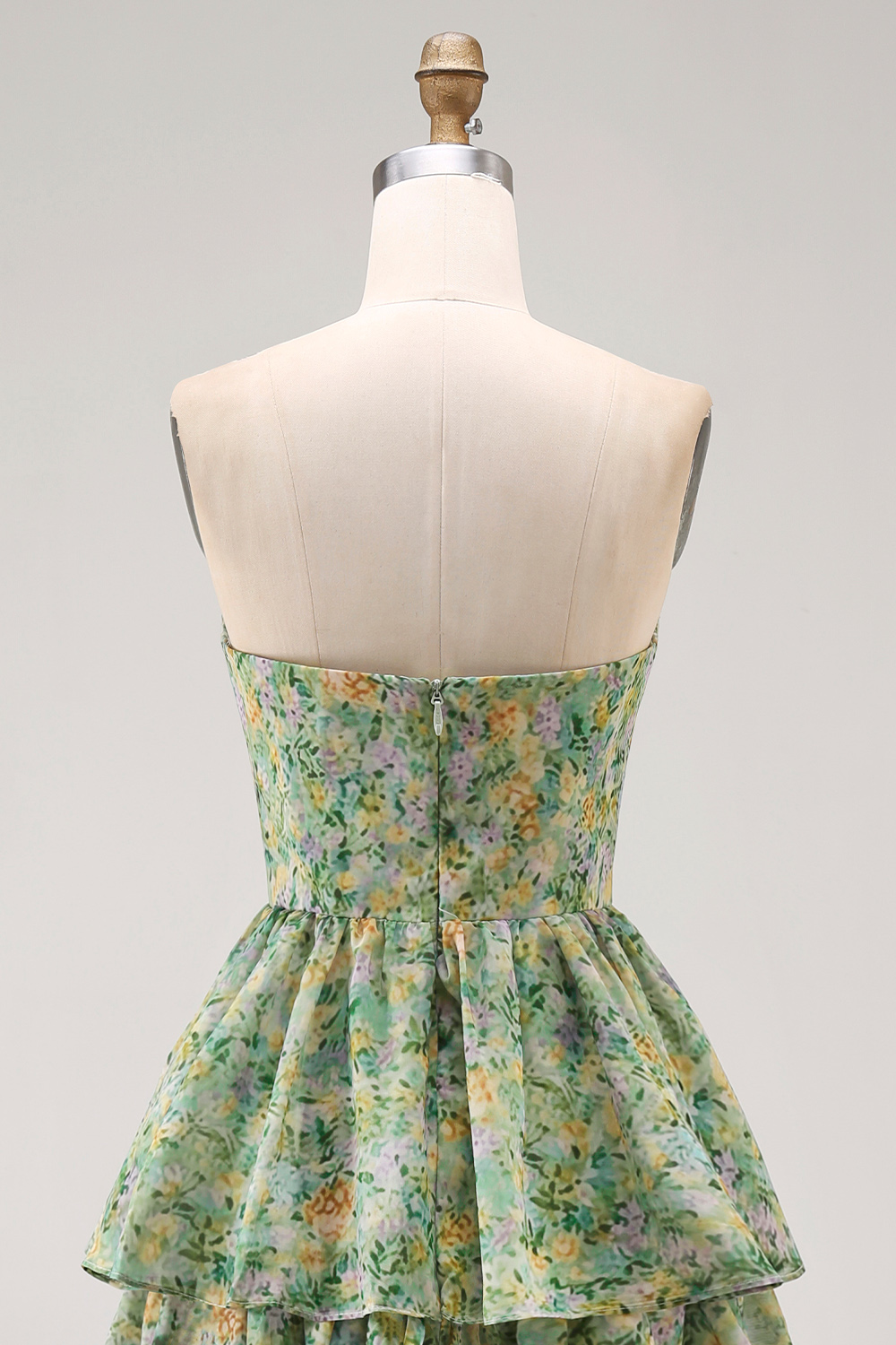 Corset Dusty Green Strapless Floral A Line Maxi Formal Dress with Ruffles