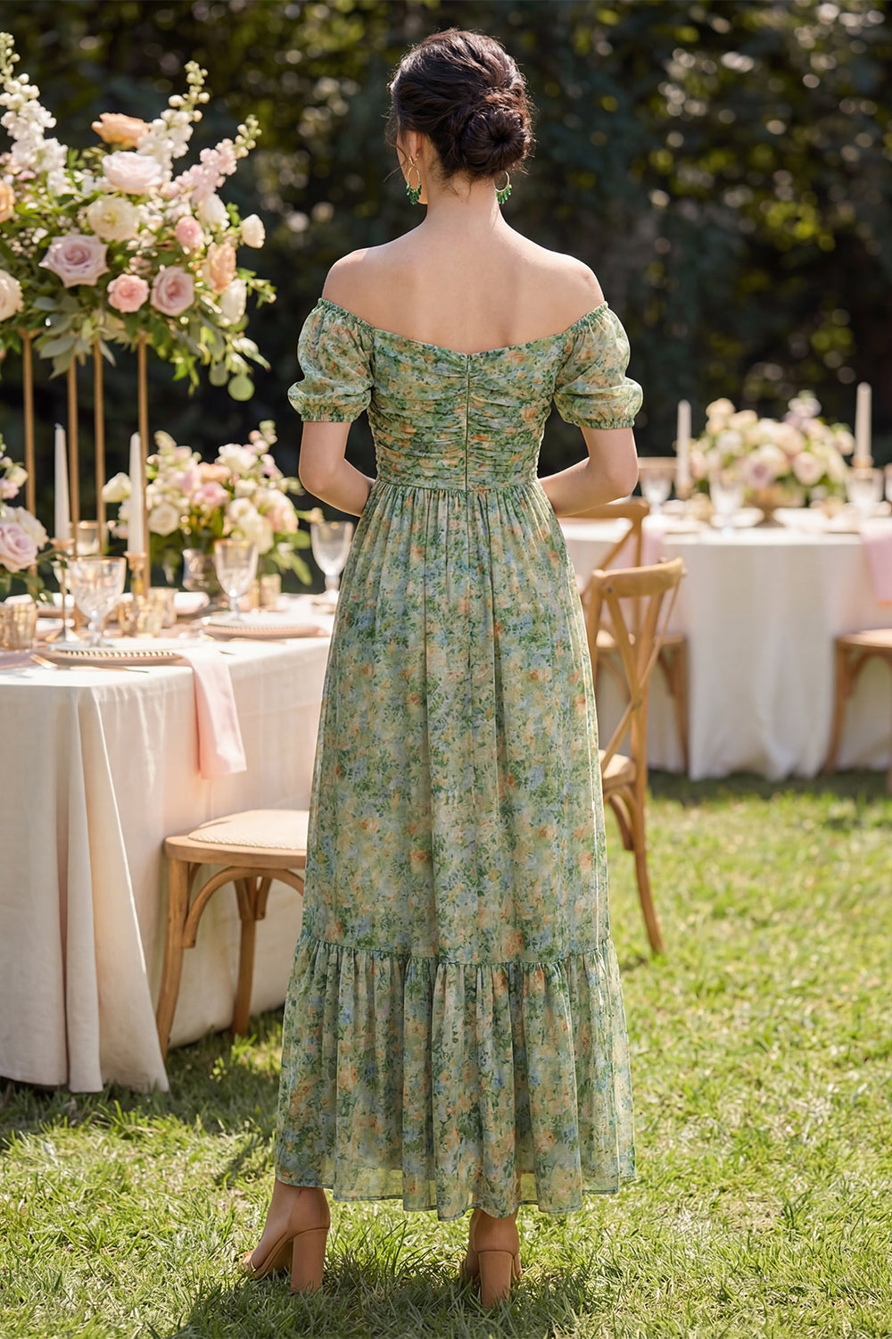 Puff Sleeves Dusty Green Ruched Floral A Line Maxi Formal Dress with Slit