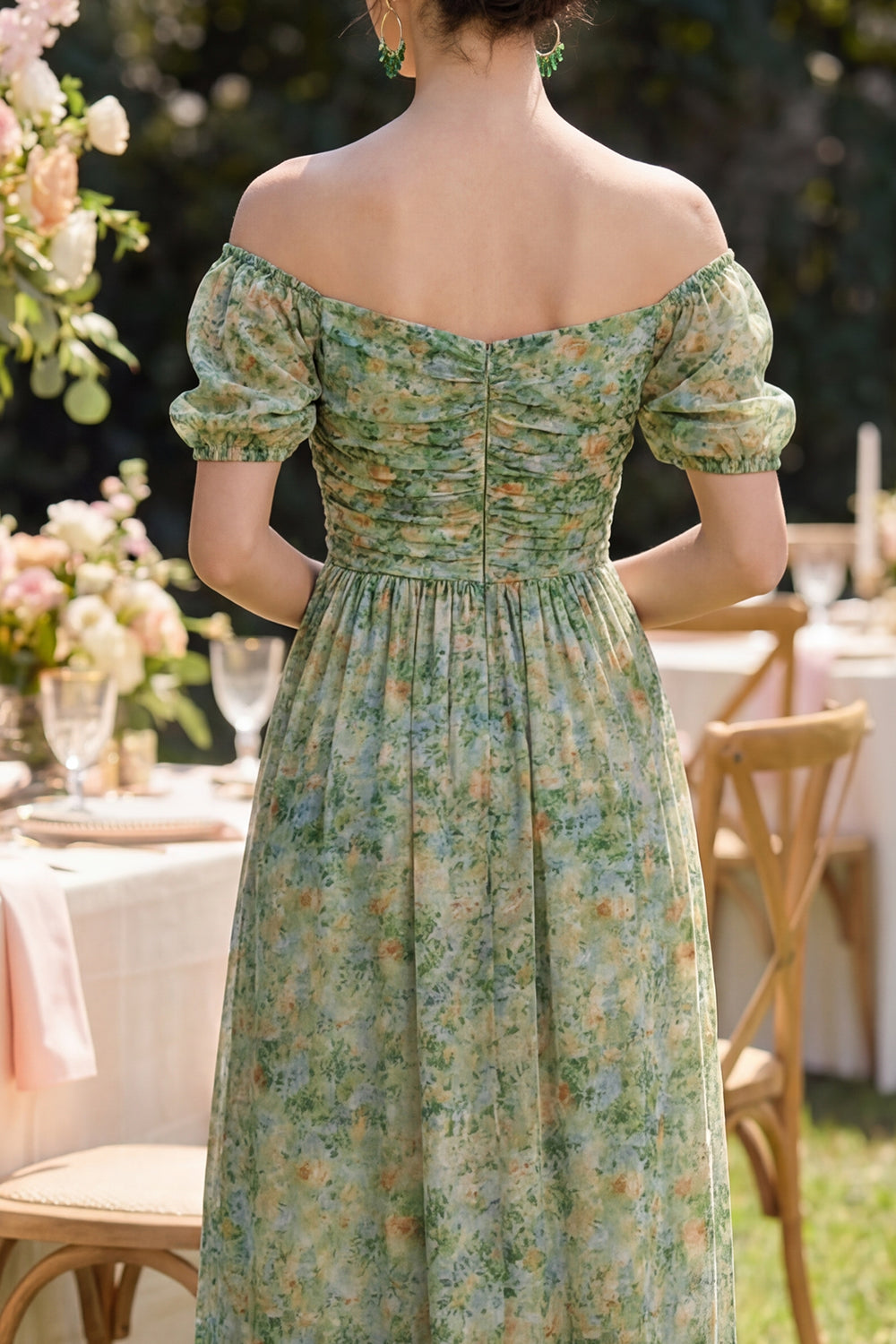 Puff Sleeves Dusty Green Ruched Floral A Line Maxi Formal Dress with Slit