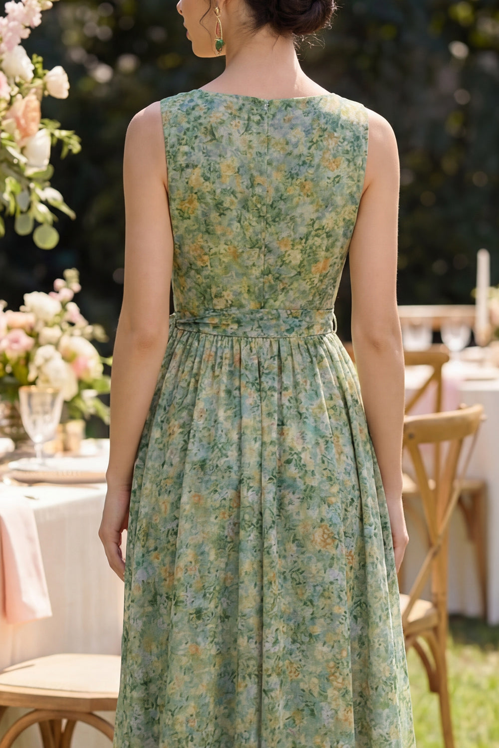 V-Neck Dusty Green Ruched Floral A Line Maxi Formal Dress with Bow