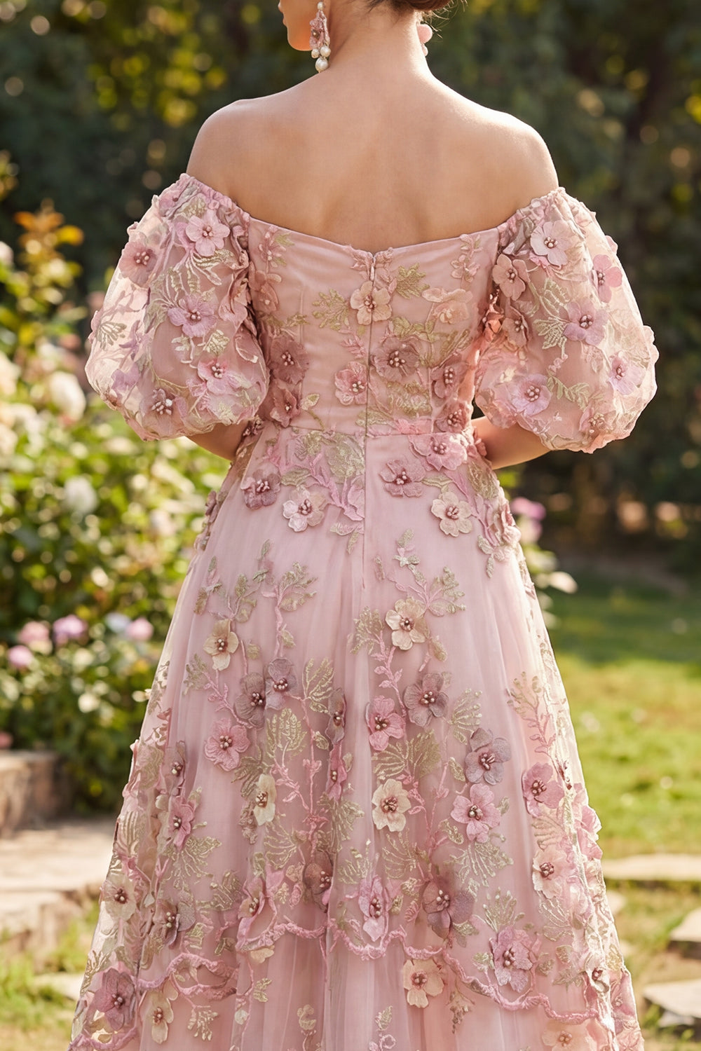 Puff Sleeves Floral Pink Fuchsia A Line Formal Dress with Pearls