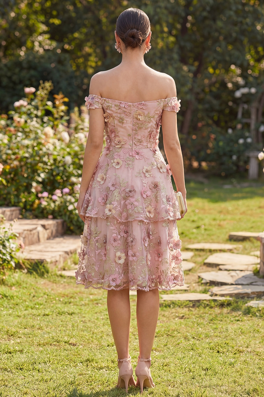 Off the Shoulder Floral Pink Fuchsia Ruffled A Line Midi Prom Dress with Pearls