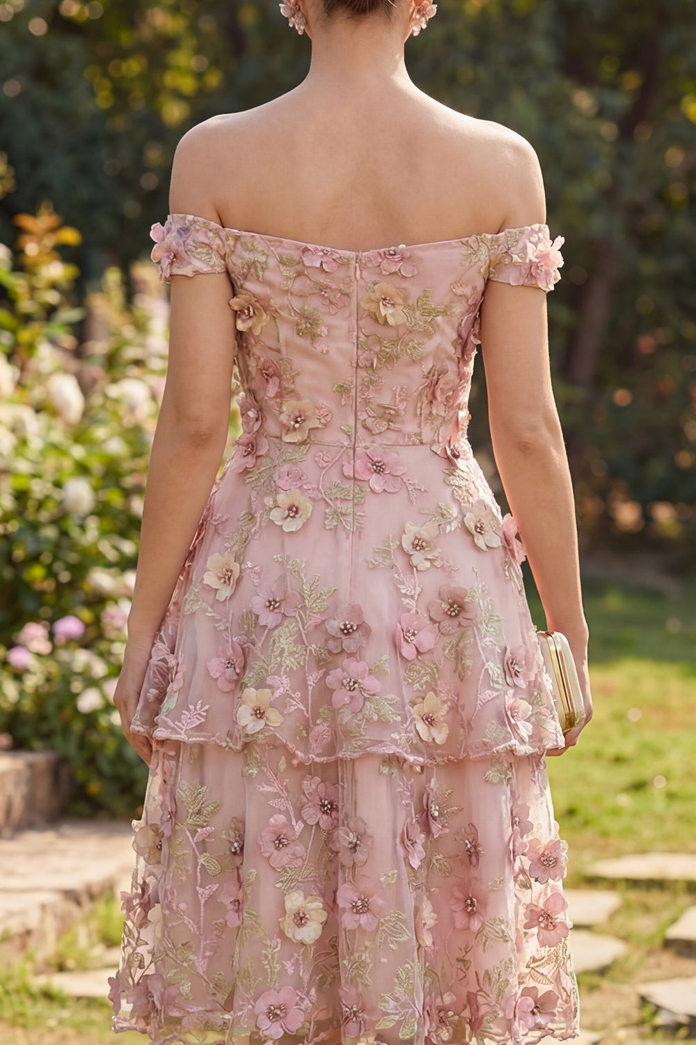 Off the Shoulder Floral Pink Fuchsia Ruffled A Line Midi Prom Dress with Pearls