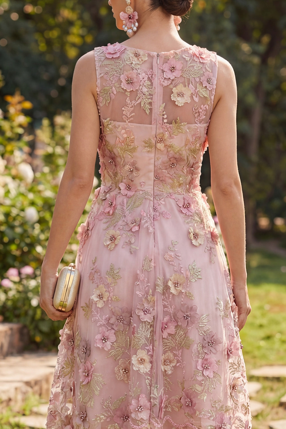 Floral Pink Fuchsia A Line V-Neck Short Prom Dress with Pearls