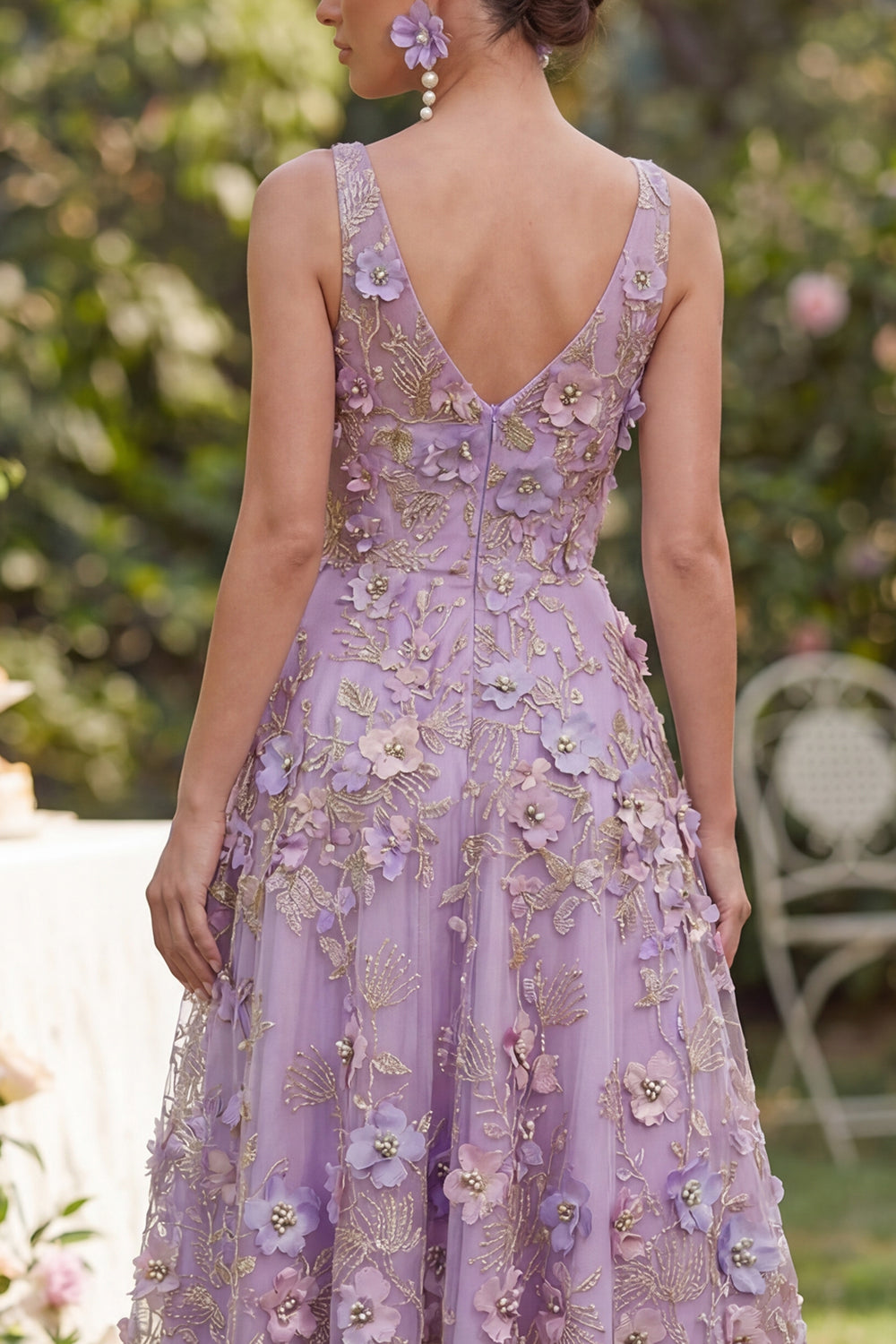 A Line Maxi V-Neck Floral Lilac Prom Dress with Pearls