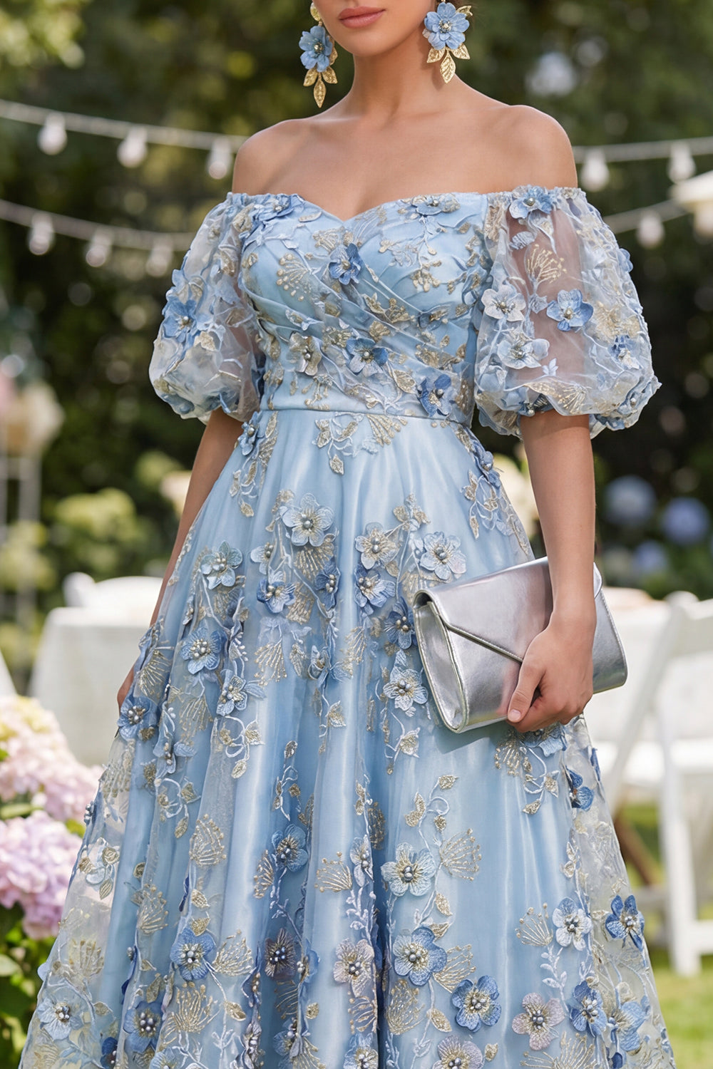 Blue Puff Sleeves Floral A Line Ruched Formal Dress with Pearls