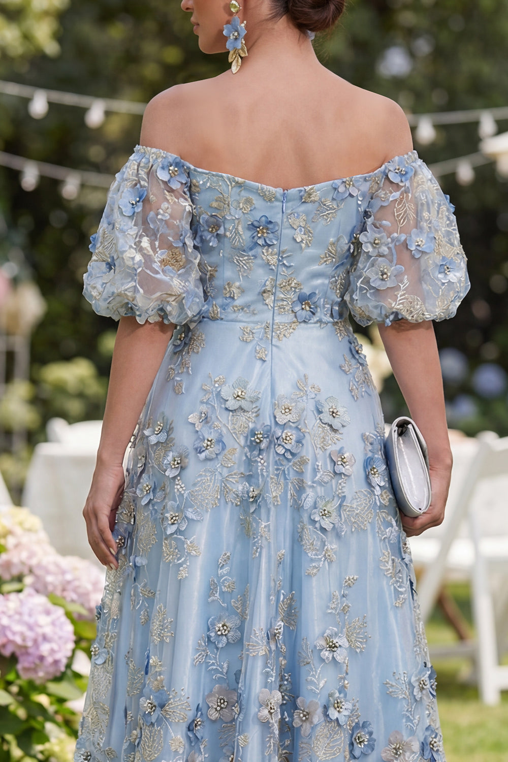 Blue Puff Sleeves Floral A Line Ruched Formal Dress with Pearls