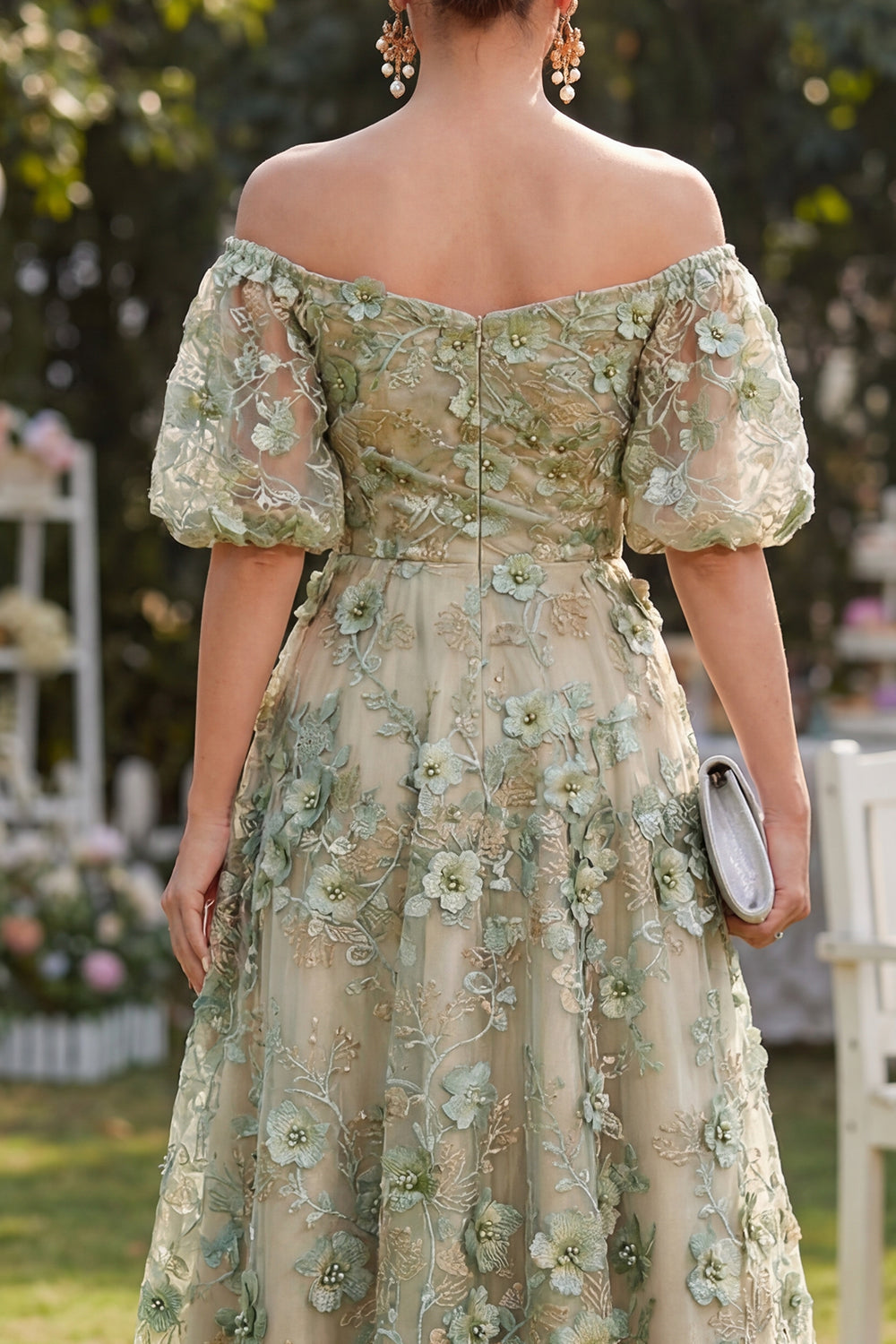 Blue Puff Sleeves Floral A Line Ruched Formal Dress with Pearls