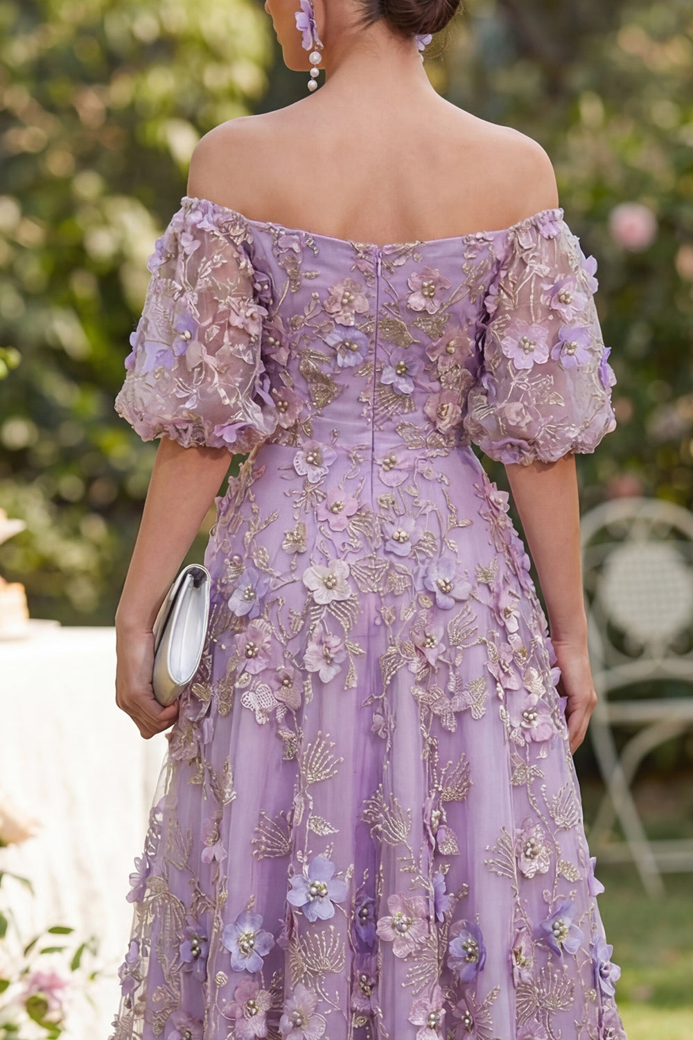 Blue Puff Sleeves Floral A Line Ruched Formal Dress with Pearls