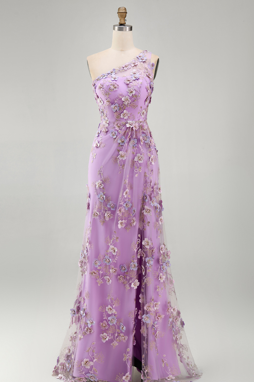 Ruched Maxi Floral Lilac One Shoulder Formal Dress with Pearls