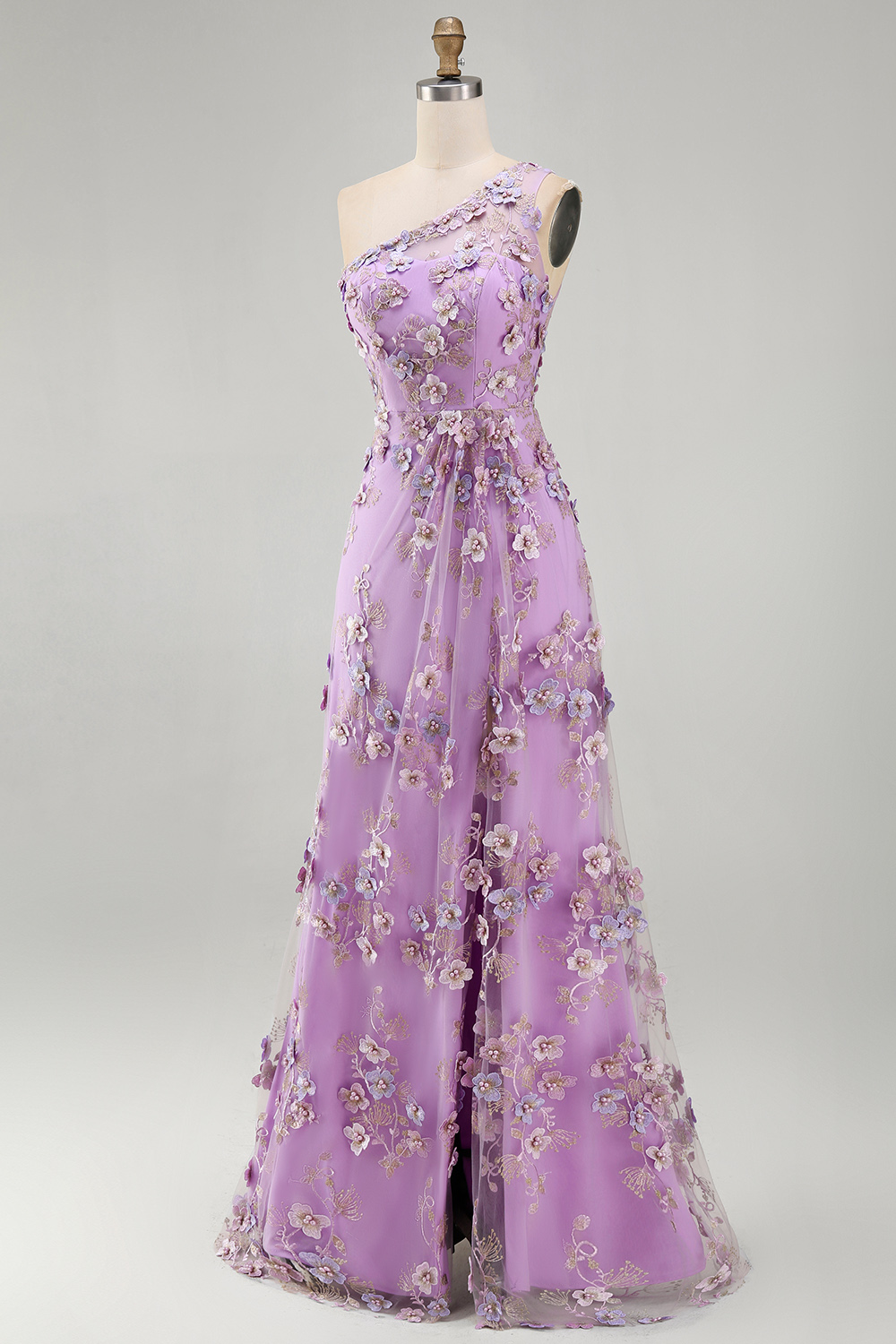 Ruched Maxi Floral Lilac One Shoulder Formal Dress with Pearls