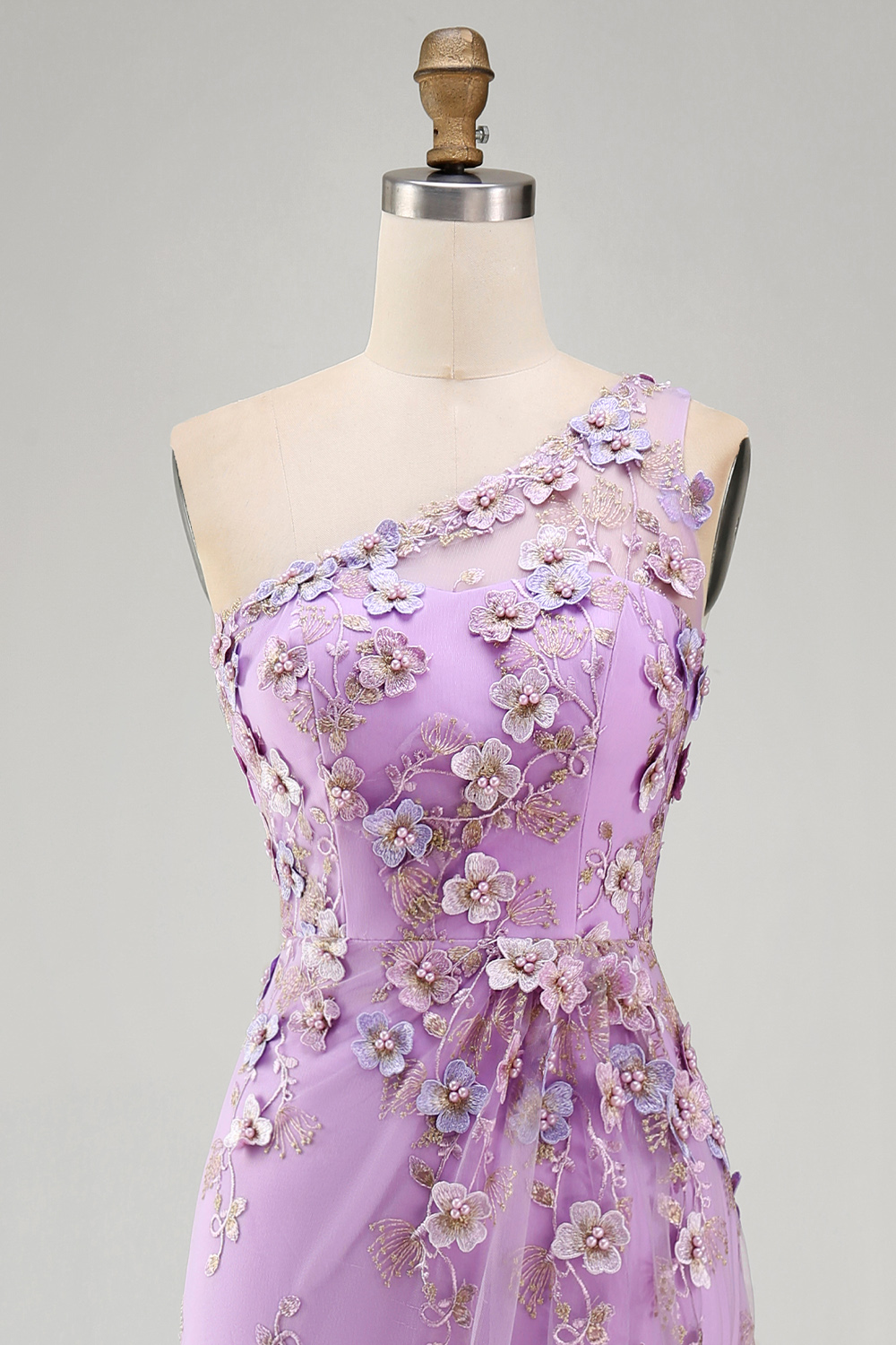 Ruched Maxi Floral Lilac One Shoulder Formal Dress with Pearls