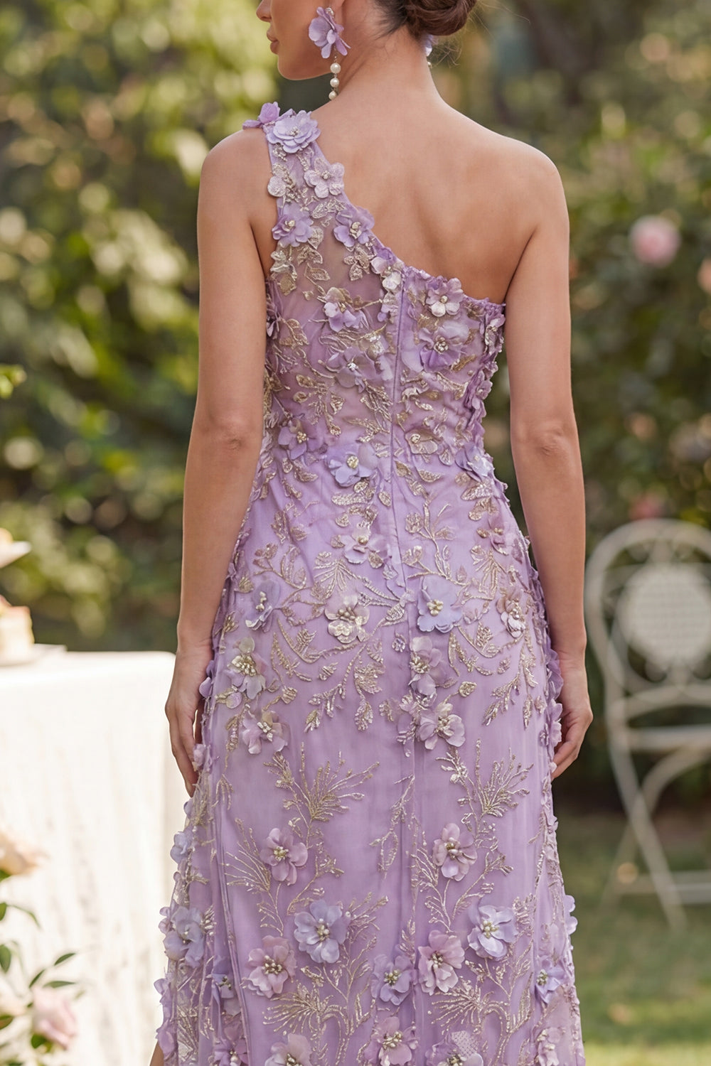 Ruched Maxi Floral Lilac One Shoulder Formal Dress with Pearls