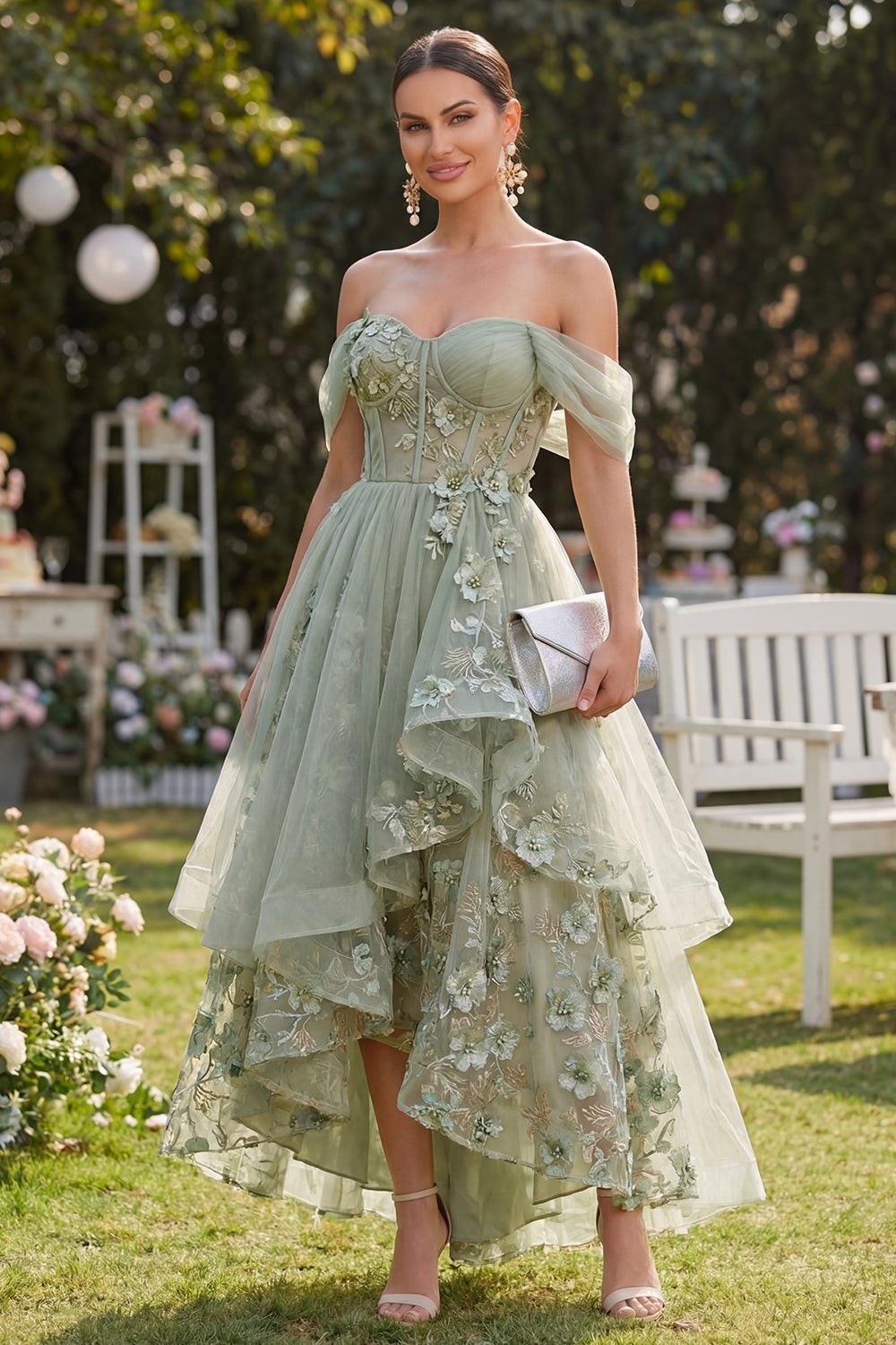 Ruffled Corset Dusty Green A Line Maxi Floral Formal Dress with Pearls