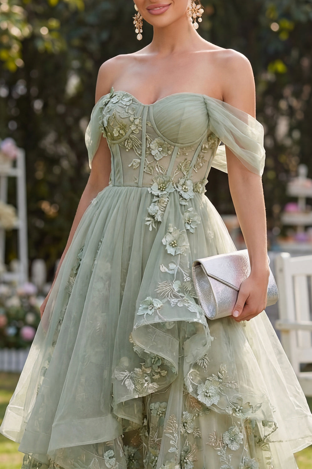 Ruffled Corset Dusty Green A Line Maxi Floral Formal Dress with Pearls