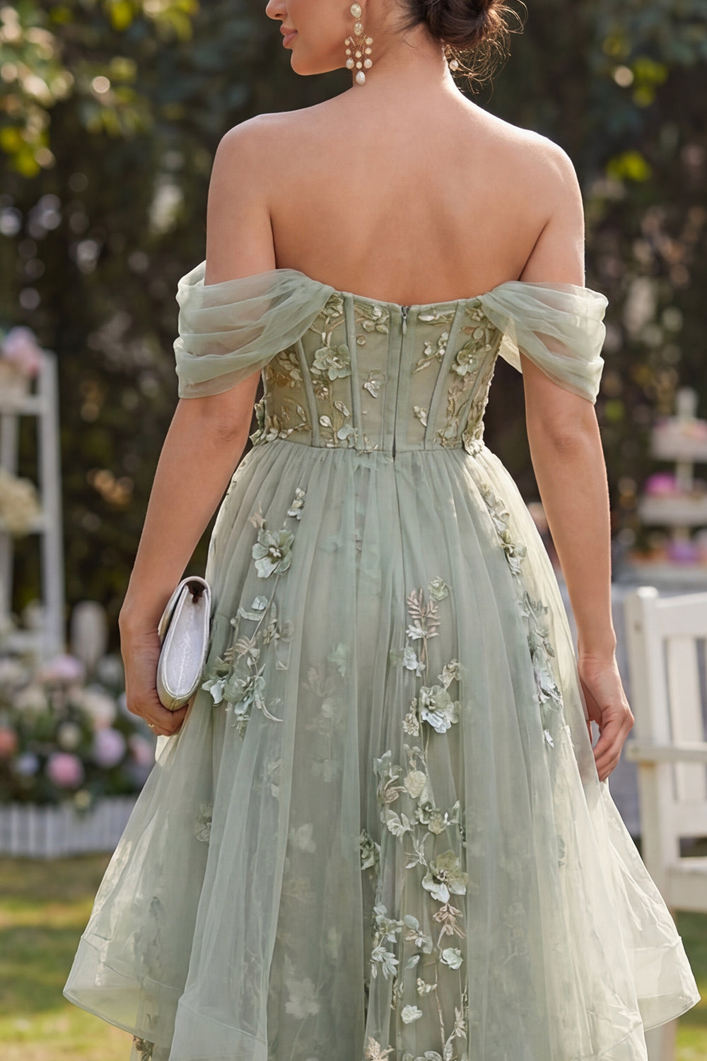 Ruffled Corset Dusty Green A Line Maxi Floral Formal Dress with Pearls