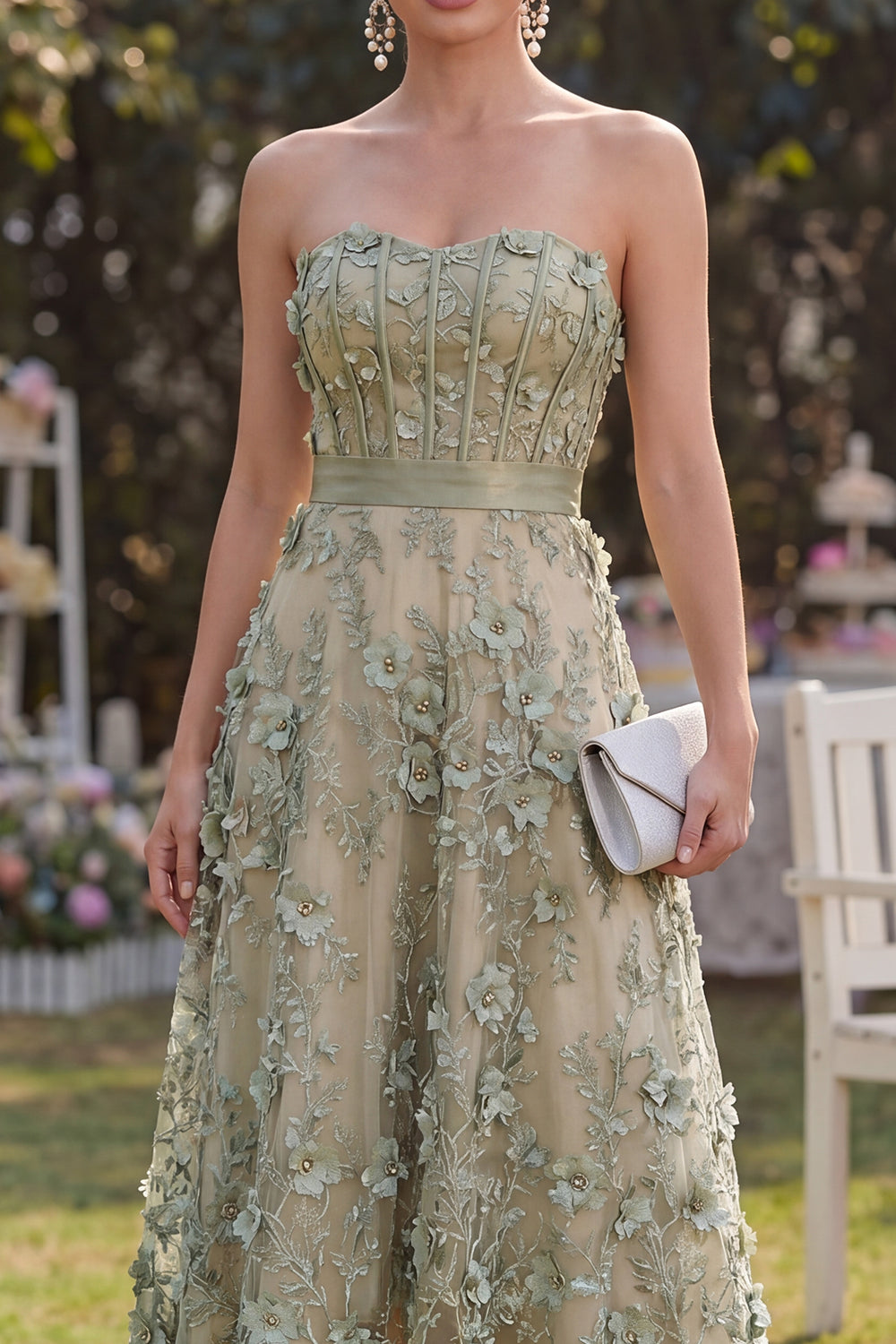 Floral A Line Corset Dusty Green High Low Formal Dress with Pearls
