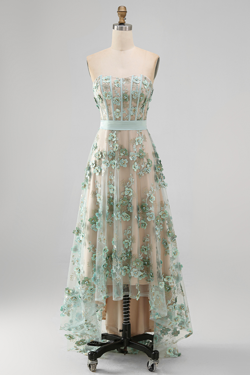 Floral A Line Corset Dusty Green High Low Formal Dress with Pearls