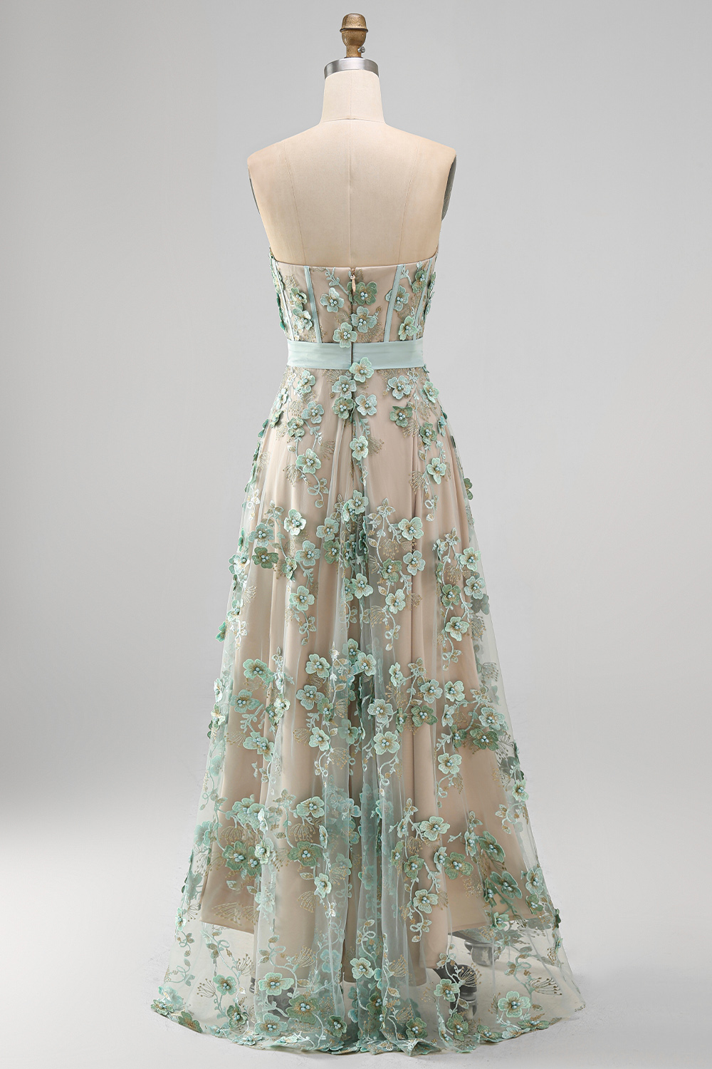 Floral A Line Corset Dusty Green High Low Formal Dress with Pearls